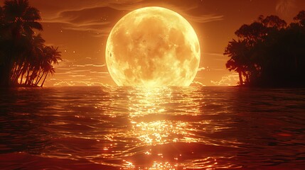 Glowing Orange Moon Reflecting On Ocean Water During Sunset Over Island Silhouette