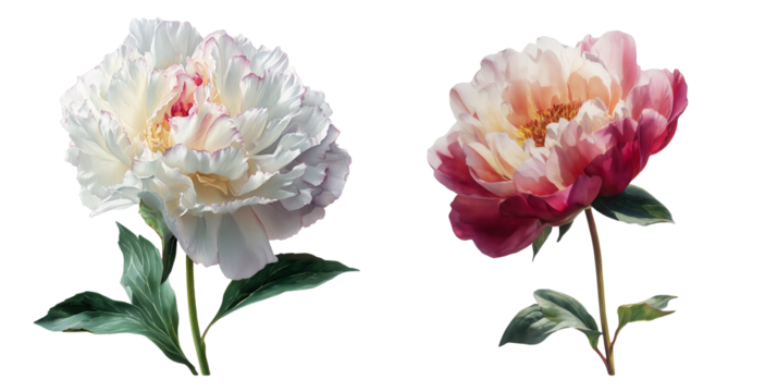 Two Blooming Peony Flowers – One White and One Pink-Red – with Green Leaves on Stems.