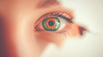A person gazes with a vibrant green eye showcasing a sunflower pattern, surrounded by soft white light, capturing a creative moment
