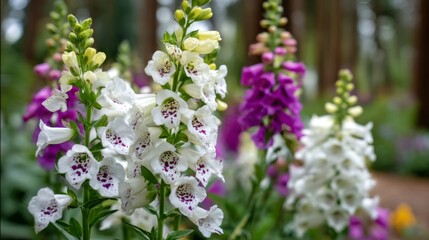 Obraz premium Vibrant Display of Colorful Foxglove Flowers Amidst Lush Greenery in Nature Setting