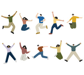 A joyful collection of illustrations featuring diverse characters in energetic jumping poses for celebration themes, motivational designs, event promotions, and positive lifestyle visuals.