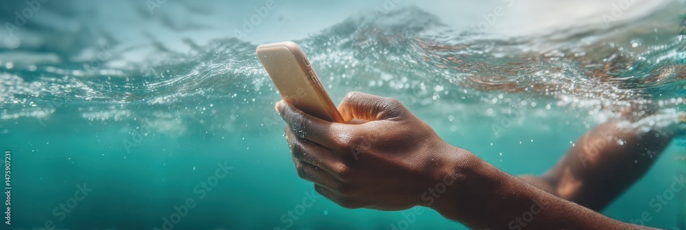 Poster underwater digital resilience gen z smartphone interaction in aquatic immersion - innovative tech li