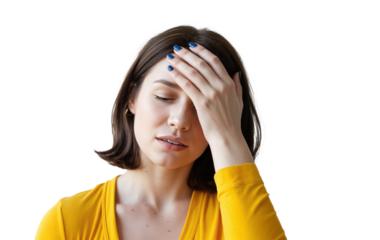 Woman in Yellow Top Expressing Distress Against Gray Background