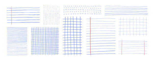 Crayon drawn grids and lines for notes. Bullet journal pages, hand drawn simple polka dot background, checkered texture. Vector notebook notes. Geometric doodle plaid patterns, thin blue lines.