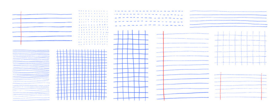 Crayon drawn grids and lines for notes. Bullet journal pages, hand drawn simple polka dot background, checkered texture. Vector notebook notes. Geometric doodle plaid patterns, thin blue lines.