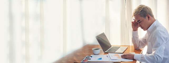 Banner Asian Businessman type keyboard write financial graph chart Planning marketing data. Banner...