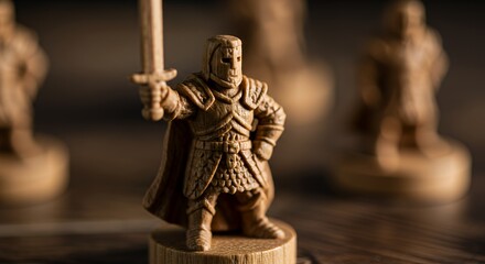 A lone knight miniature stands on a wooden game board, his sword raised in readiness amidst blurred background figures, capturing a moment of strategic tabletop gaming.