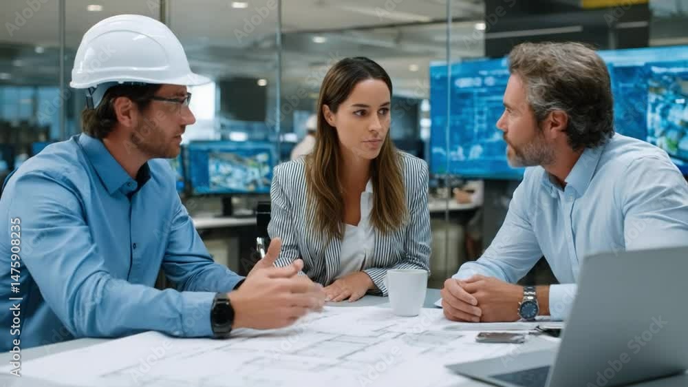 Poster engineering team meeting: focused team of engineers and architects collaborating on blueprints, usin