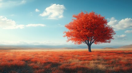 Solitary red autumn tree in a vast field