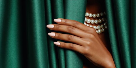Luxe Art Deco Nail Aesthetics Emerald Elegance Meets High-Fashion Minimalism in Sophisticated Pearl White Manicure Experience
