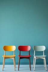 Obraz premium Three colorful chairs against teal wall studio shot simple composition minimal style design interior furniture arrangement