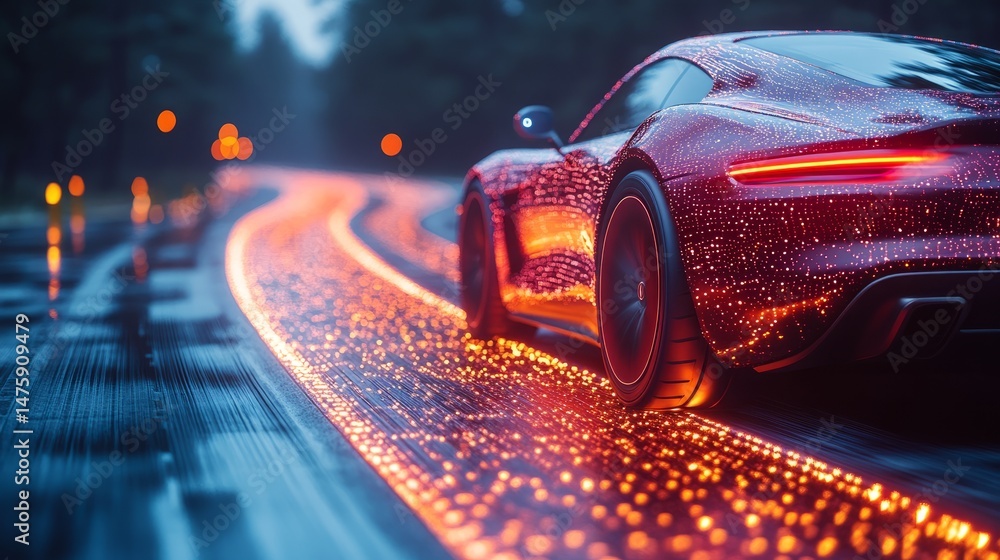 Poster next-gen vehicle driving over a radiant smart road system with layered digital guidance paths and em