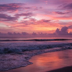 Pink and Purple Ocean Sunset with Waves Crashing on the Beach at Dusk Serene Coastal Scene Nature Photography