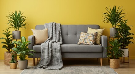 Fototapeta premium Modern living room interior with grey sofa, yellow accents, and indoor plants