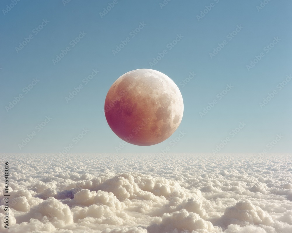 Poster ethereal cosmic perspective lunar eclipse visualizing planetary scale, atmospheric layers, and digit