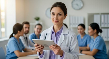 Obraz premium Medical professional standing with tablet in meeting room for hospital teamwork