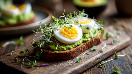 Avocado toast with egg and sprouts healthy breakfast recipe delicious and nutritious food photography