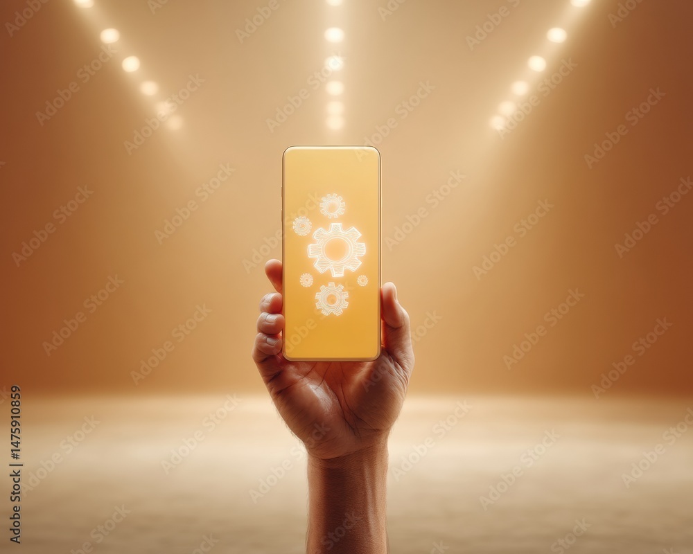 Aufkleber minimalist digital transformation sleek smartphone interface with ethereal gear icons - next-gen use