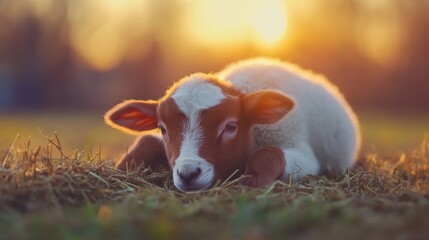 Naklejka premium A young lamb lies peacefully on the grass sipping sunlight at dusk, capturing the serene beauty of rural life