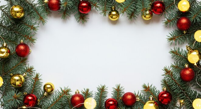 Festive christmas frame with red and gold ornaments on evergreen branches for seasonal decor