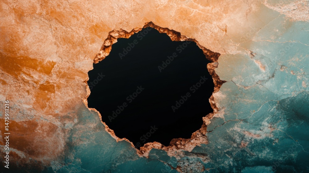 Poster textured wall with a significant hole uncovers a dark void, showcasing a contrast between colors and