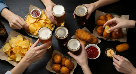 Friends enjoying beers snacks and good times together celebrating friendship