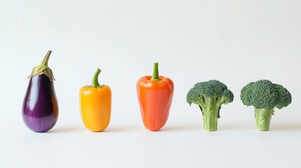 Fresh whole vegetables rainbow gradient arranged in vibrant colors order on simple white background: eggplant, purple carrots, orange bell peppers, green broccoli, healthy organic produce.