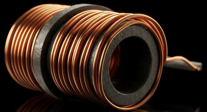 Close-up of a copper coil on a dark background, showcasing the intricate details and texture of the wire. ng electrical components.