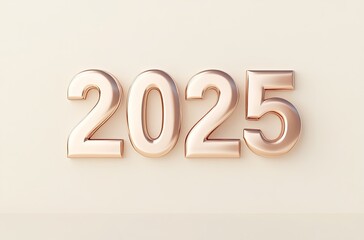 Rose Gold 2025 Numbering on Beige Background, ThreeDimensional Rendering