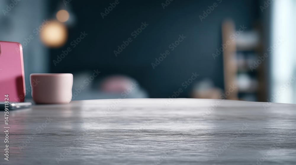 Poster minimalist workspace aesthetic soft-focus wooden table surface with muted color palette - modern pro