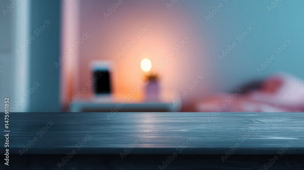 Aufkleber digital wellness minimalist product display navy wooden surface with soft bokeh lighting for tech li
