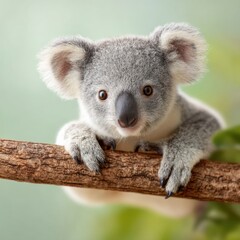 Naklejka premium Eco-Conscious Wildlife Conservation Adorable Young Koala Symbolizing Climate Resilience and Biodiversity Protection in Immersive Nature Education