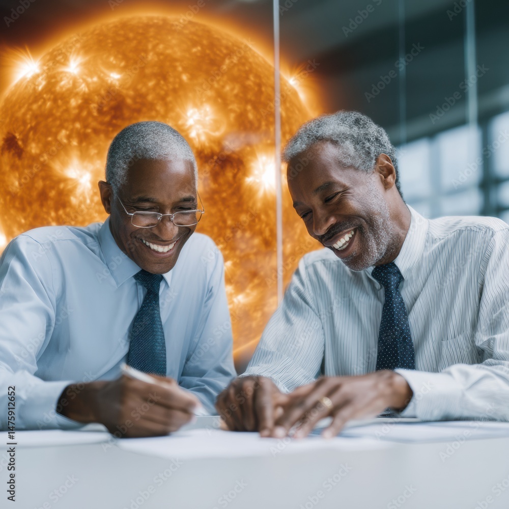 Aufkleber collaborative success in modern workspace empowering diverse professionals reviewing strategic docum