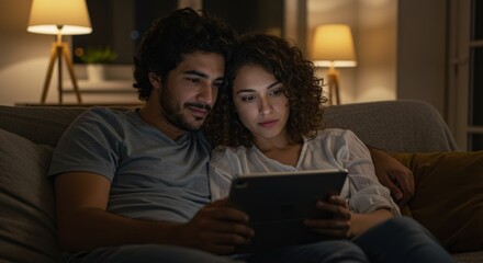 Cozy evening at home with couple relaxing and watching tablet content