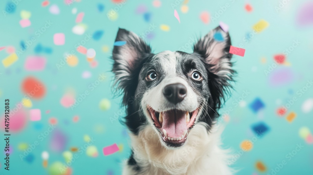 Poster a cheerful border collie with a big smile enjoys a festive atmosphere surrounded by vibrant confetti