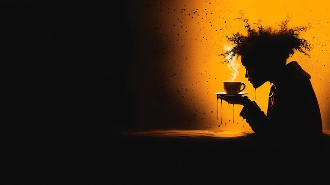 Silhouette of a person enjoying a steaming cup of coffee in a dimly lit setting
