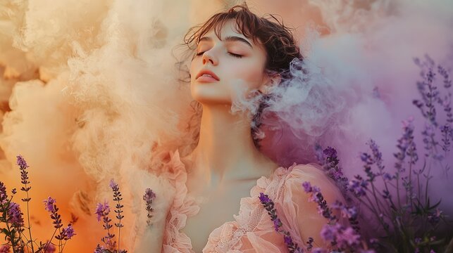A model in a pale peach dress, eyes closed, surrounded by hazy lavender and gold smoke, with wildflowers and soft ferns surrounding her. - Powered by Adobe