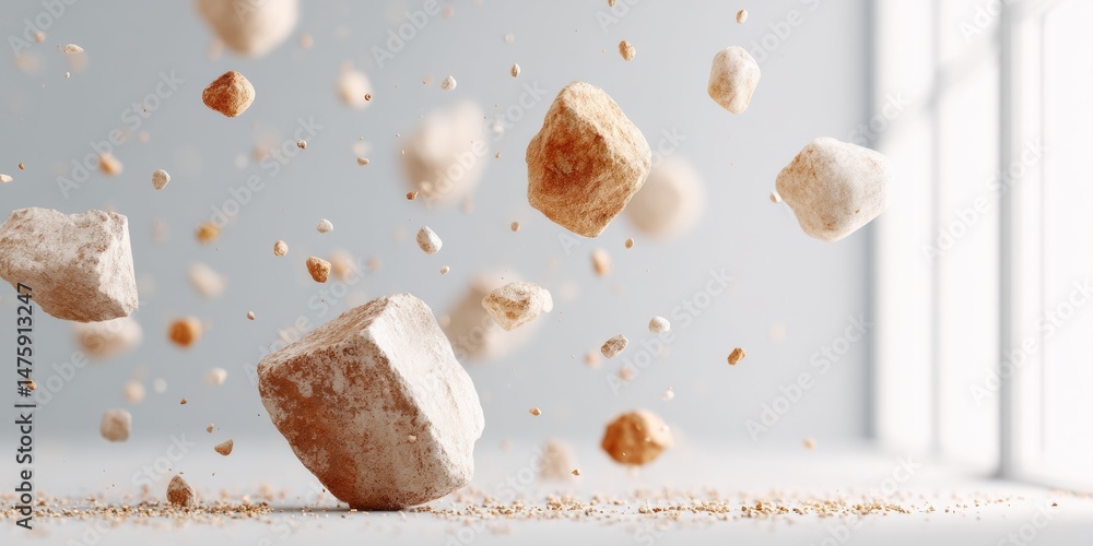 Poster Floating Mineral Dynamics Minimalist Industrial Material Flow Visualization for Construction Tech, Architectural Innovation and Sustainable Resource Processing