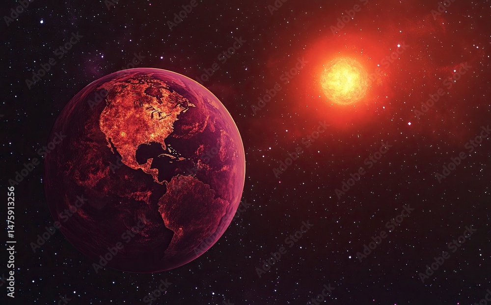 Canvas Prints abstract earth planet with a sun and starry sky background, a realistic earth in space. elements of 