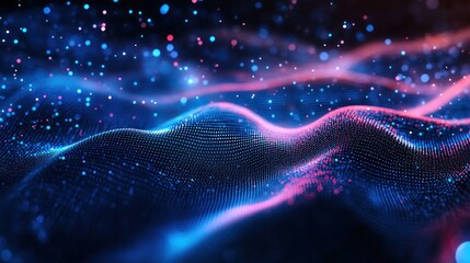 Abstract digital wave of glowing particles.  Vibrant blue and pink hues