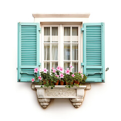 A charming window with wooden shutters is adorned with a row of potted flowers.