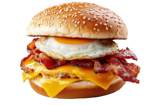 Delicious burger with egg and bacon on white background