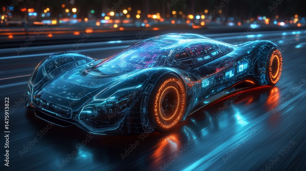 Aufkleber sleek futuristic vehicle radiating ai-driven design, with holographic surfaces pulsating with digita