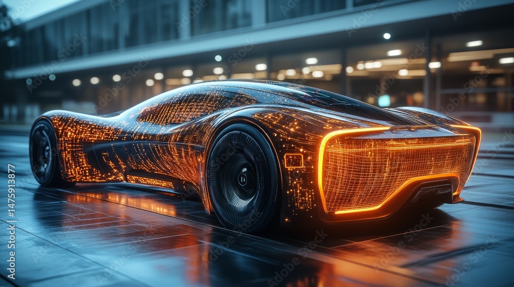 Aufkleber sleek futuristic vehicle radiating ai-driven design, with holographic surfaces pulsating with digita