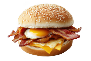 Delicious bacon egg burger close up on white background