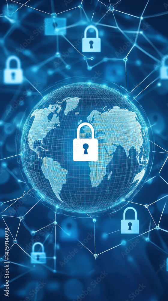 Poster a blue globe with a keyhole in the middle surrounded by many locks. concept of security and protecti