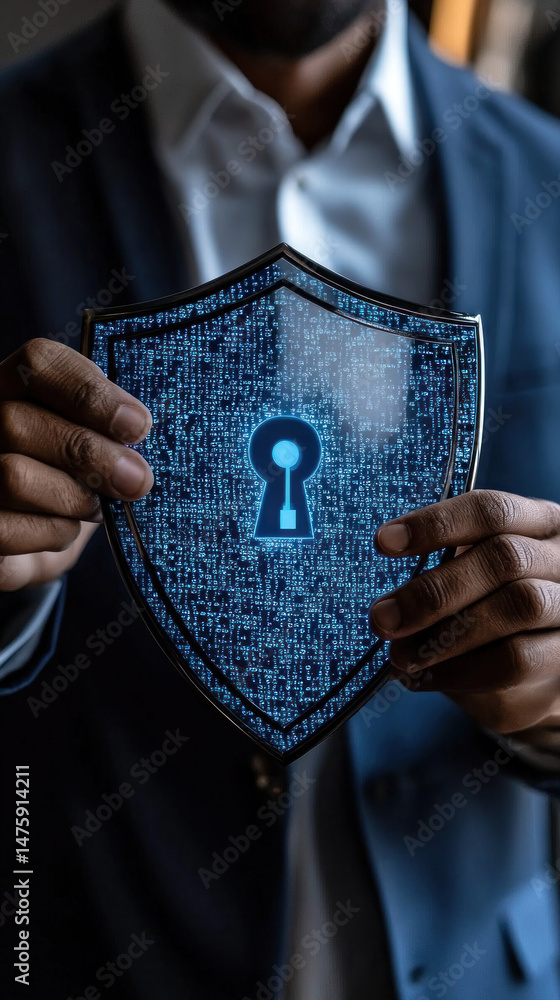 Poster a man is holding a blue shield with a keyhole in it. the shield is made of a material that is not tr