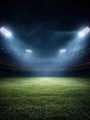 Dramatic view of a massive sports stadium at night with bright lights shining down on the field from low angle