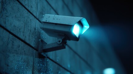 Security camera on wall with blue light glow, close up angle, modern surveillance, safety and protection in urban location
