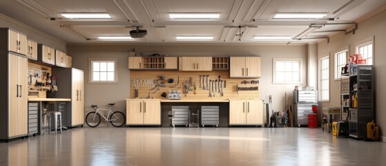 Tidy Garage Interior with Workbench and Storage Cabinets in Home Improvement Style Organization and Bicycle in Modern Design